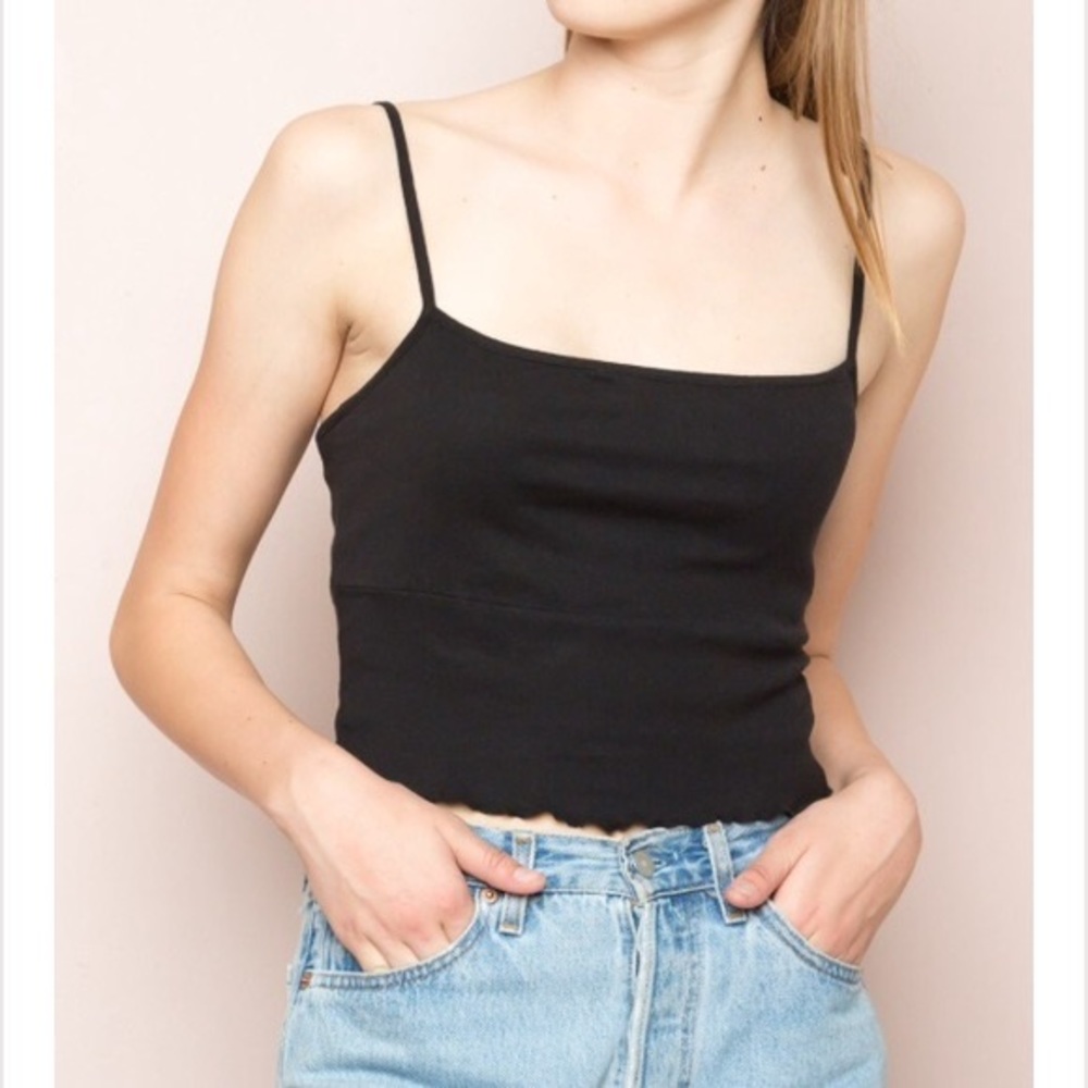 Brandy Melville Alani Tank Crop Top Black Lettuce Trim Cropped Spaghetti Strap